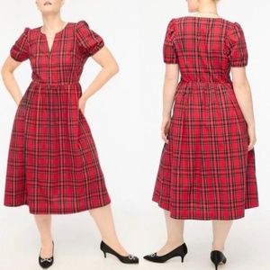 J. Crew Red Holiday Cotton Poplin Tartan Puff-sleeve Fit & Flare Dress Size 18